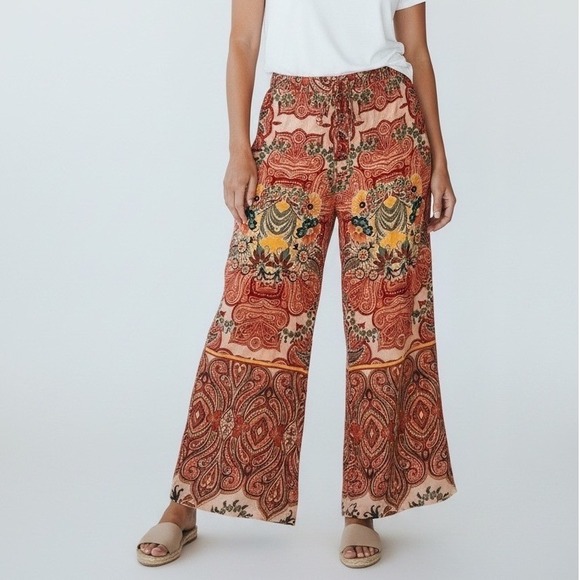 Angie Pants - Angie | Paisley Floral Wide Leg Boho Pants Rust Orange Smocked Waist, Size S